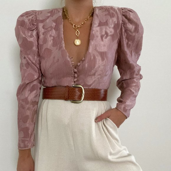 Vintage Tops - Retro Mauve Puff Sleeve Accordion Blouse